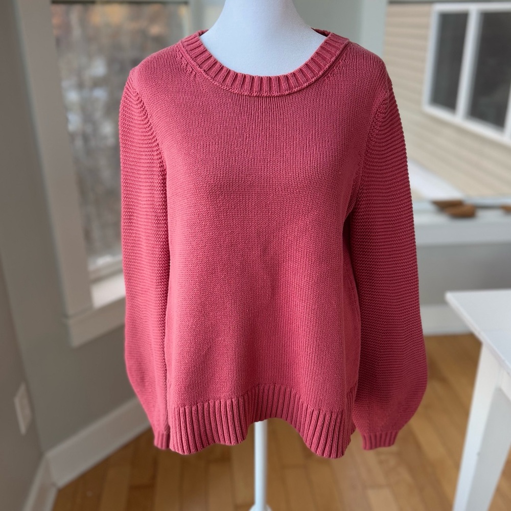 LOFT Pink Shaker Knit Cotton Crewneck Sweater Balloon Sleeve Sz Small